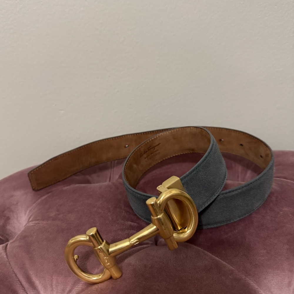 Salvatore Ferragamo Gray Belt with Gold Buckle